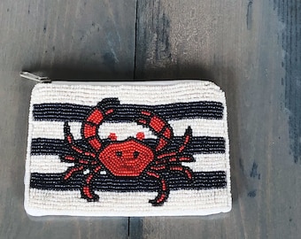 Preppy Striped Crab Seed Beaded Coin Purse