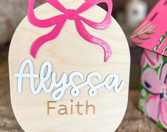 Targa personalizzata con nome per bambina con fiocco in acrilico – Targa in legno personalizzata per porta della camera da letto – Decorazione per la cameretta dei bambini
