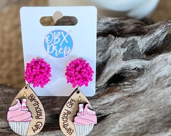 Hand-Painted "Birthday Girl" Cupcake Earrings with Fuchsia Seed Beaded Stud Toppers