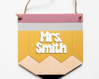 Custom Teacher Pencil Sign – Hand-Painted Birch Wood Classroom Door Hanger