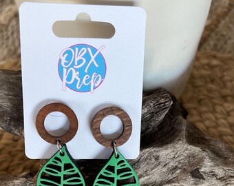 Hand-Painted Green Leaf Earrings with Hollow Circle Stud Toppers