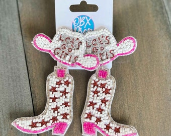 Let's Go Girls Cowgirl Boots and Hat Seed Beaded Dangle Earrings