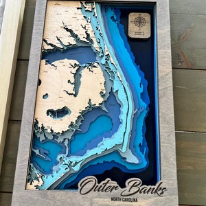 OBX Bathymetrische Holzkarte, Outer Banks Topographische Holzwandkarte und Wohnkultur