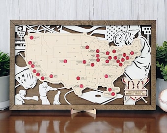 Handcrafted Baseball Stadium Travel Map | Personalized US Wood Art