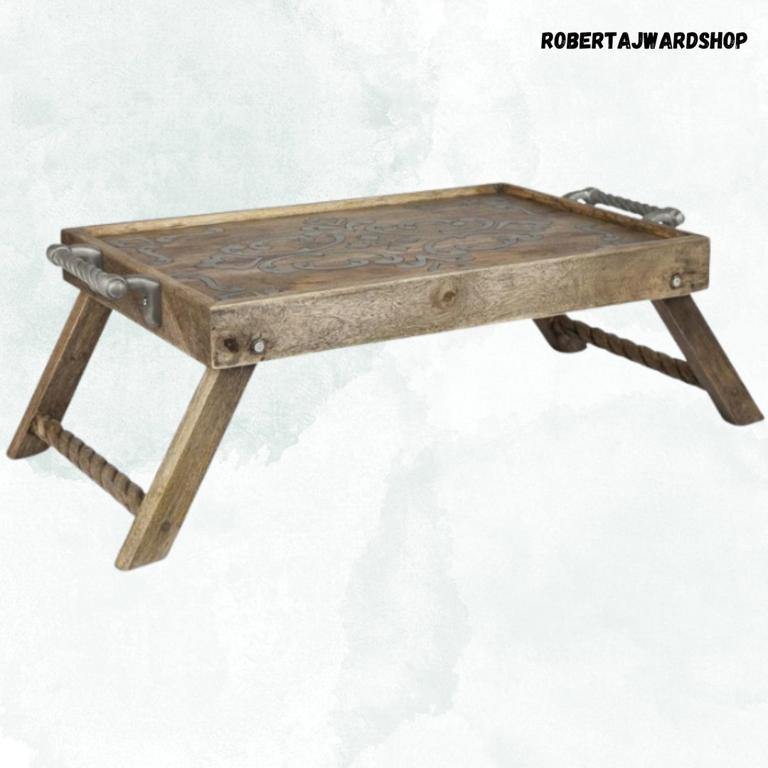 Light Brown Wood and Metal Bed Tray With Additional Decor Etsy