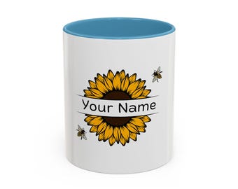 Caneca personalizada de girassol | Caneca de café personalizada de girassol | Copo de girassol de abelha | Caneca de girassóis personalizada | Presente pessoal para amantes de abelhas
