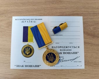 Medaglia "Distintivo d'onore" del Tridente ucraino con diploma e nastro