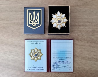 Ukrainian Trident Order Award “For International Cooperation” With Diploma in box