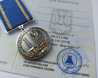Medaglia al merito di Chernobyl da collezione - Storico premio ucraino al merito - Include documento - Gloria all'Ucraina