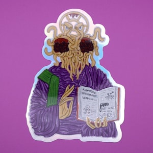 Fliegendes Spaghetti Monster Sticker. Wasserdichter, elementsicherer Aufkleber, holografischer metallischer Aufkleber, handgezeichnetes digital entworfenes Produkt.