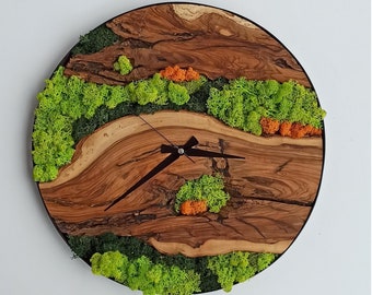 18 inches/ 45 cm Made to Order Unique Wall Clock, Moss wall art, Moss Wall Clock, Wood Wall Art, Wooden Wall Clock, Unique Wall Art,