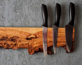 Live Edge Olive Wood Magnetic Knife Holder: Wall Mounted Rack