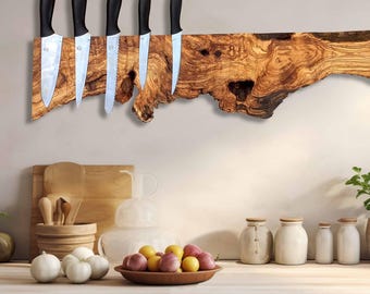 Handmade Live Edge Olive Wood Magnetic Knife Holder – Rustic Kitchen Rack