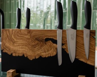 Epoxy Olive Wood Magnetic Knife Stand: Live Edge Chef Knife Organizer