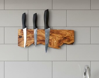 Handmade Olive Wood Magnetic Knife Rack: Live Edge Kitchen Storage