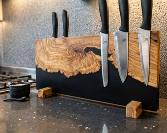 Epoxy Olive Wood Magnetic Knife Stand: Live Edge Chef Knife Organizer