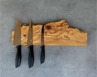 Live Edge Olive Wood Magnetic Knife Holder - Wall Mounted Rack, FREESHIPPING