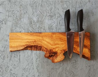 Handcrafted Olive Wood Magnetic Knife Rack: Mediterranean Kitchen Decor