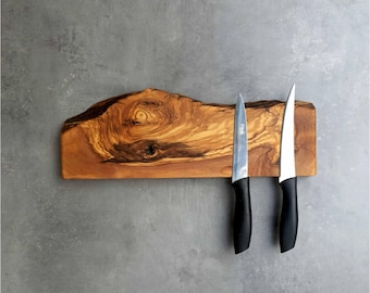 Handmade Live Edge Olive Wood Magnetic Knife Rack; Kitchen Knife Organiser