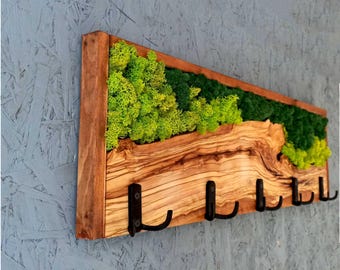 Wooden Coat Rack with Moss and Olive Wood, Wall-Mounted Hanger