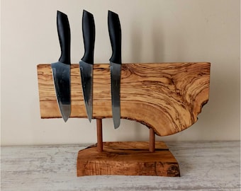 Live Edge Olive Wood Magnetic Knife Holder: Wall Mounted Knife Rack