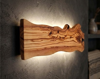 Live Edge Olive Wood Sconce, Rustic Modern LED Wall Art, Natural Wood Slab Decor