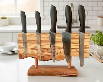 Handmade Olive Wood Magnetic Knife Holder: Live Edge Kitchen Storage,FREESHIPPING