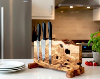 Magnetic Knife Stand, Olive Wood Countertop Holder with Neodymium Magnets