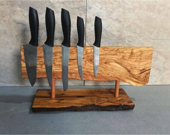 Handmade Olive Wood Magnetic Knife Holder: Live Edge Kitchen Storage