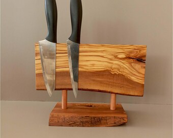 Handmade Olive Wood Magnetic Knife Holder: Live Edge Kitchen Storage, FREESHIPPING