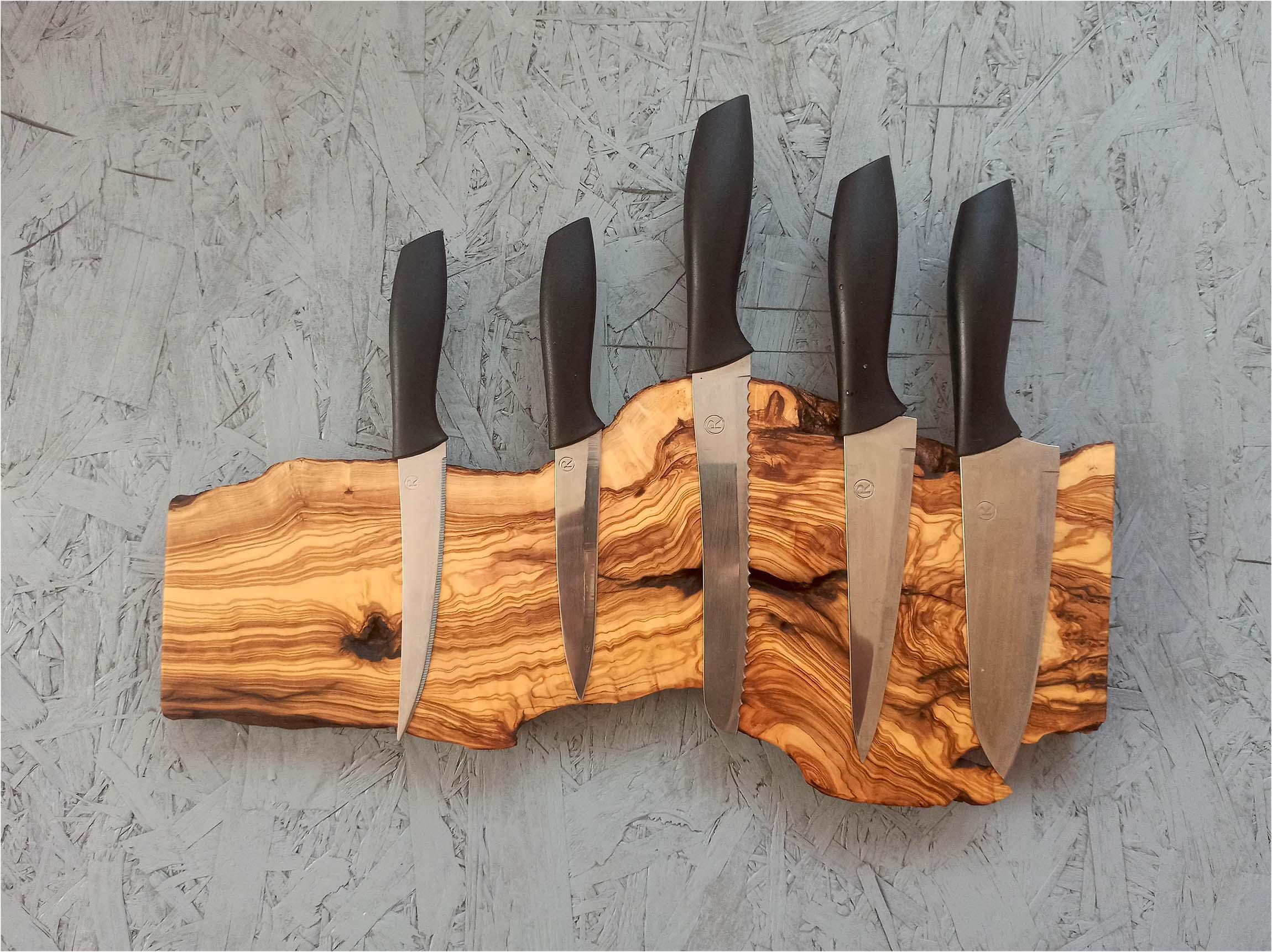 Handmade Olive Wood Magnetic Knife Rack: Live Edge Kitchen Storage