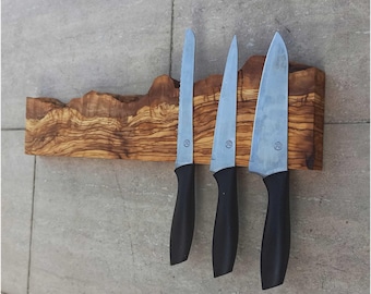 Handmade Live Edge Olive Wood Magnetic Knife Rack; Wall Mounted Kitchen Organiser