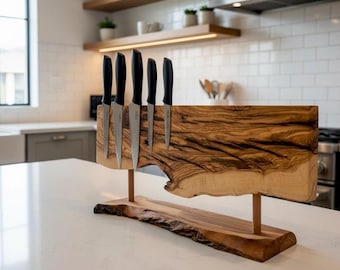 Wooden Knife Holder, Olive Wood Magnetic Stand with Neodymium Magnets
