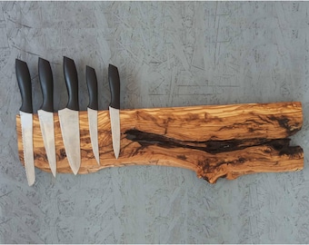 Handmade Olive Wood Magnetic Knife Holder: Live Edge Kitchen Rack