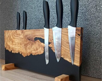 Olive Wood Epoxy Resin Knife Holder – Modern Magnetic Block with Stand