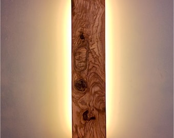 Handmade Linear Olive Wood Wall Sconce, LED Backlight, LED Ambiante Light