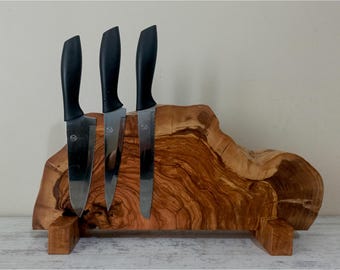 Handmade Live Edge Olive Wood Magnetic Knife Stand: Double-Sided Chef's Organizer