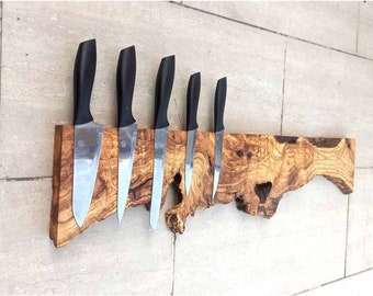 Live Edge Olive Wood Magnetic Knife Holder - Wall Mounted Rack