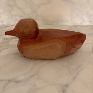 Reclaimed Eucalyptus Tree log handmade wooden duck carving; natural finish, rustic duck decoration.