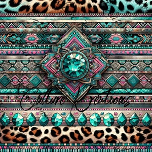May include: A turquoise and pink geometric pattern with a large turquoise jewel in the center. The pattern is surrounded by a leopard print border.
