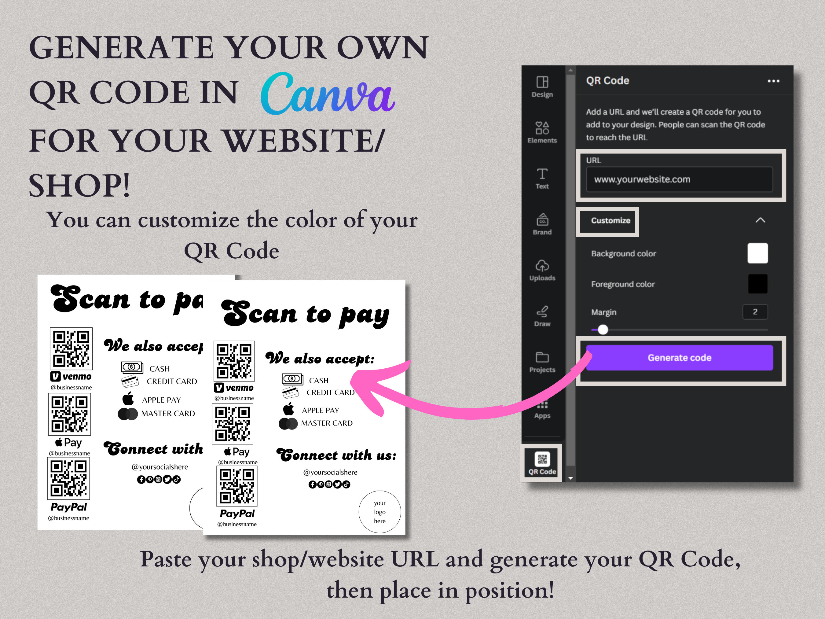 Scan to Pay Sign QR Code Template Editable in Canva for Small Business ...