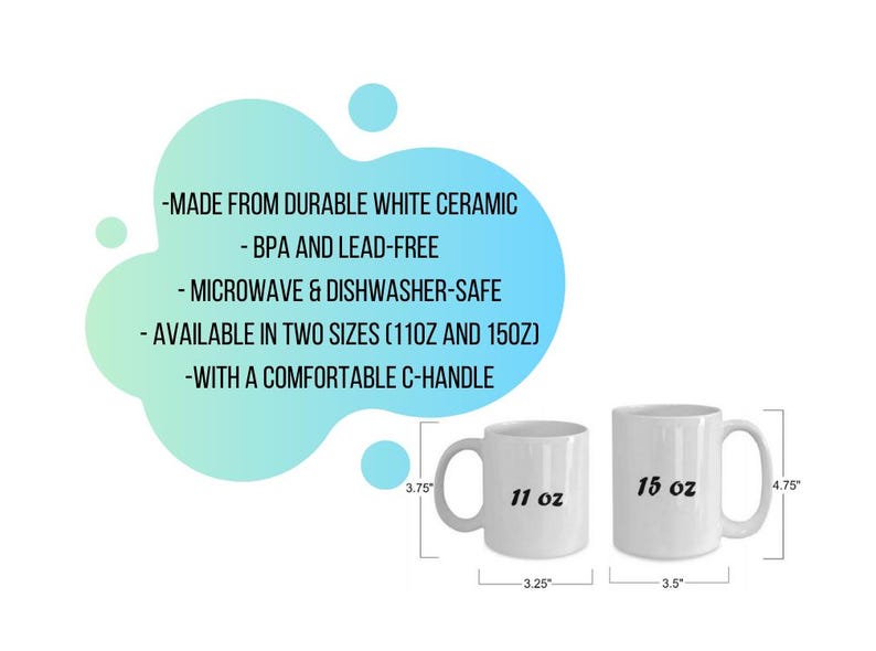 Puede incluir: Dos tazas de cer&aacute;mica blanca con asas en forma de C, etiquetadas como 11 oz y 15 oz, con dimensiones en pulgadas. El texto sobre un fondo azul y verde indica que las tazas son duraderas, sin BPA, aptas para microondas y lavavajillas.