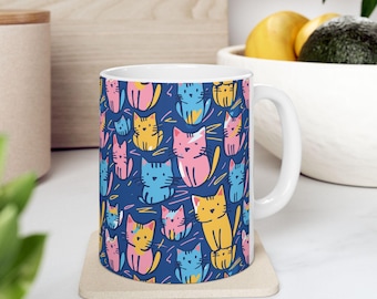 Caneca com estampa de gato fofo | Caneca de cerâmica | Caneca de gatinho | Caneca de gatinho | Caneca de café com gatos fofos | Caneca de café com animais | Caneca de gatinhos malucos | Gato colorido