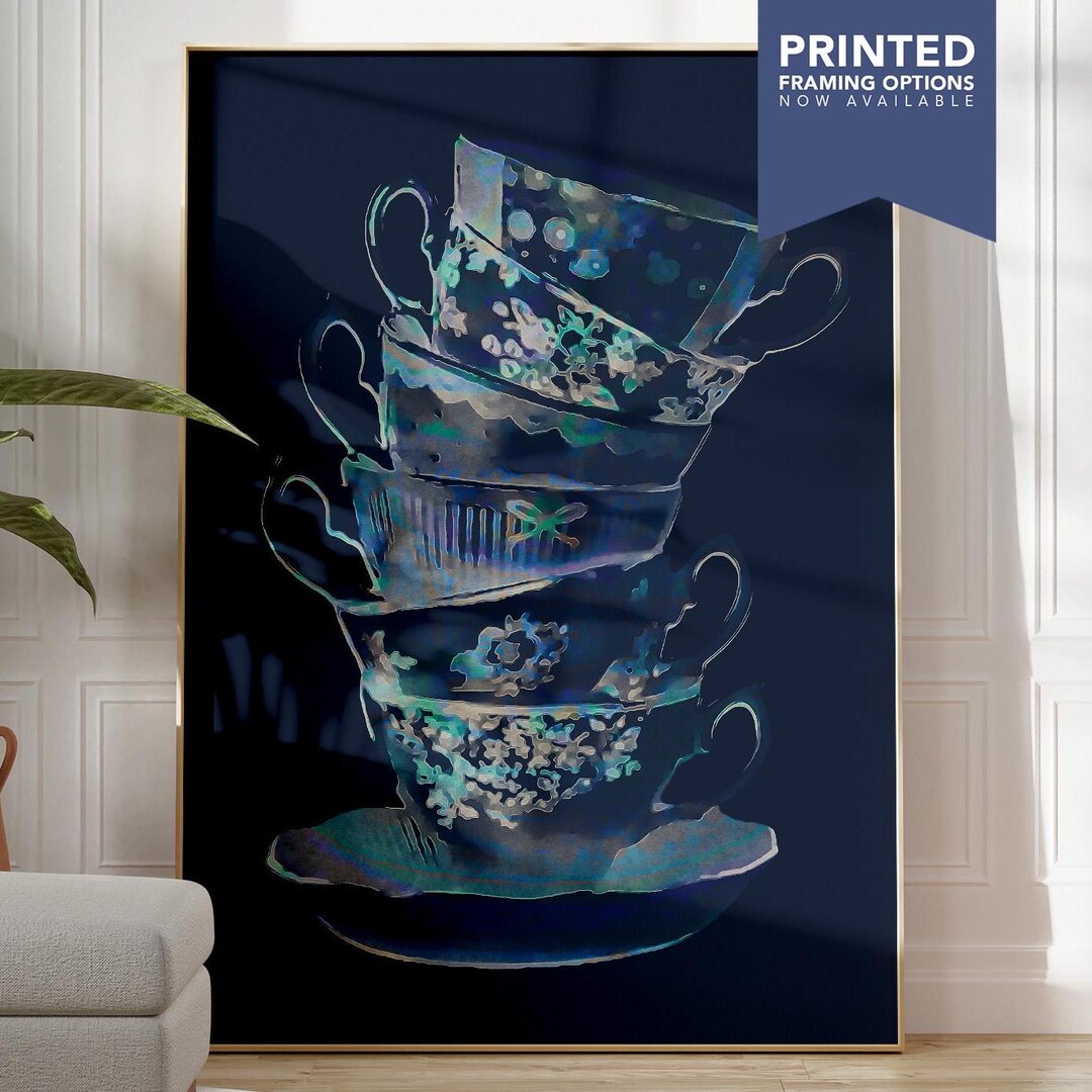 Navy Blue Kitchen Wall Art | Dark Tea Party Watercolour Print | Gift ...