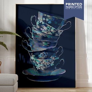 Navy Blue Kitchen Wall Art | Dark Tea Party Watercolour Print | Gift for New Kitchen | Chic Cottage Kitchen Picture | PRINTED