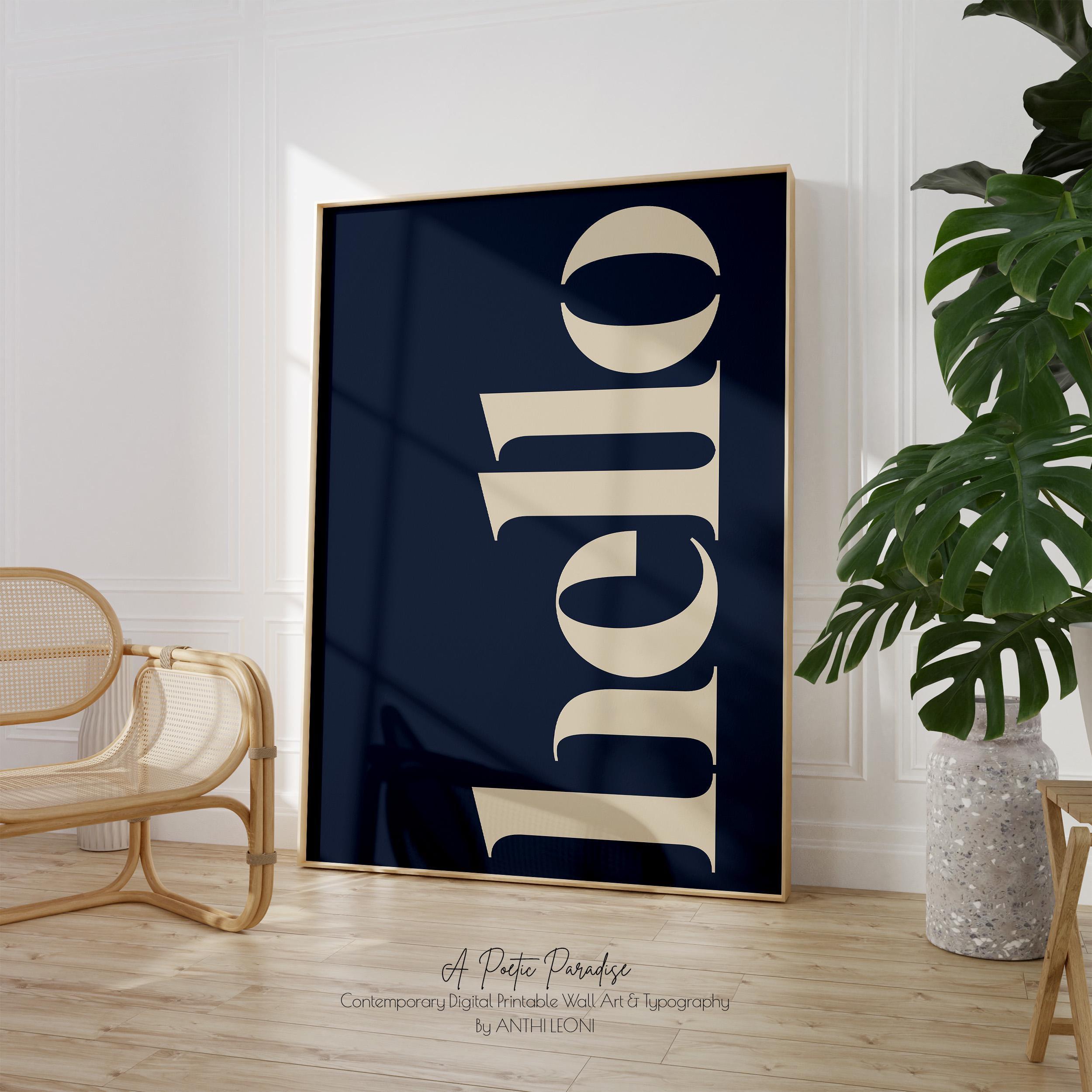 Hello In Blue Navy Blue HELLO Typography Print - Modern Home Decor Poster - Etsy