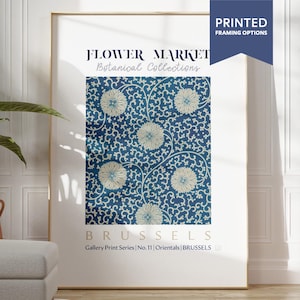 Brussels Flower Market Print  Beige  Blue Wall Art Poster  Neutral Living Room Decor Gift| PRINTED FRAME OPTIONS