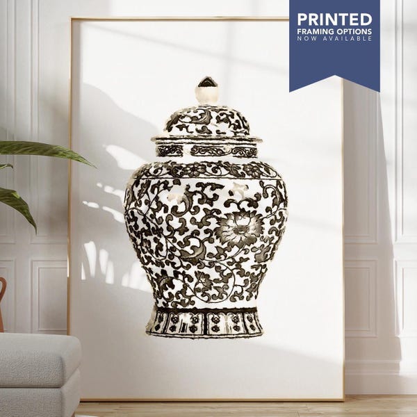 Willow Pattern Ginger Jar Print - Black and White Chinoiserie Wall Art