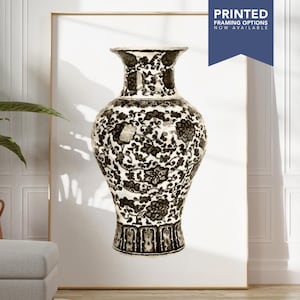 Black & White Willow Pattern Vase Print, Monochrome Watercolour Wall Art, Oriental Kitchen or Lounge Decor Canvas or Poster V-CWA-PP-K
