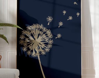Blue Dandelion Silhouette Art Print - Dreamy Boho Wall Decor, Maximalist Poster
